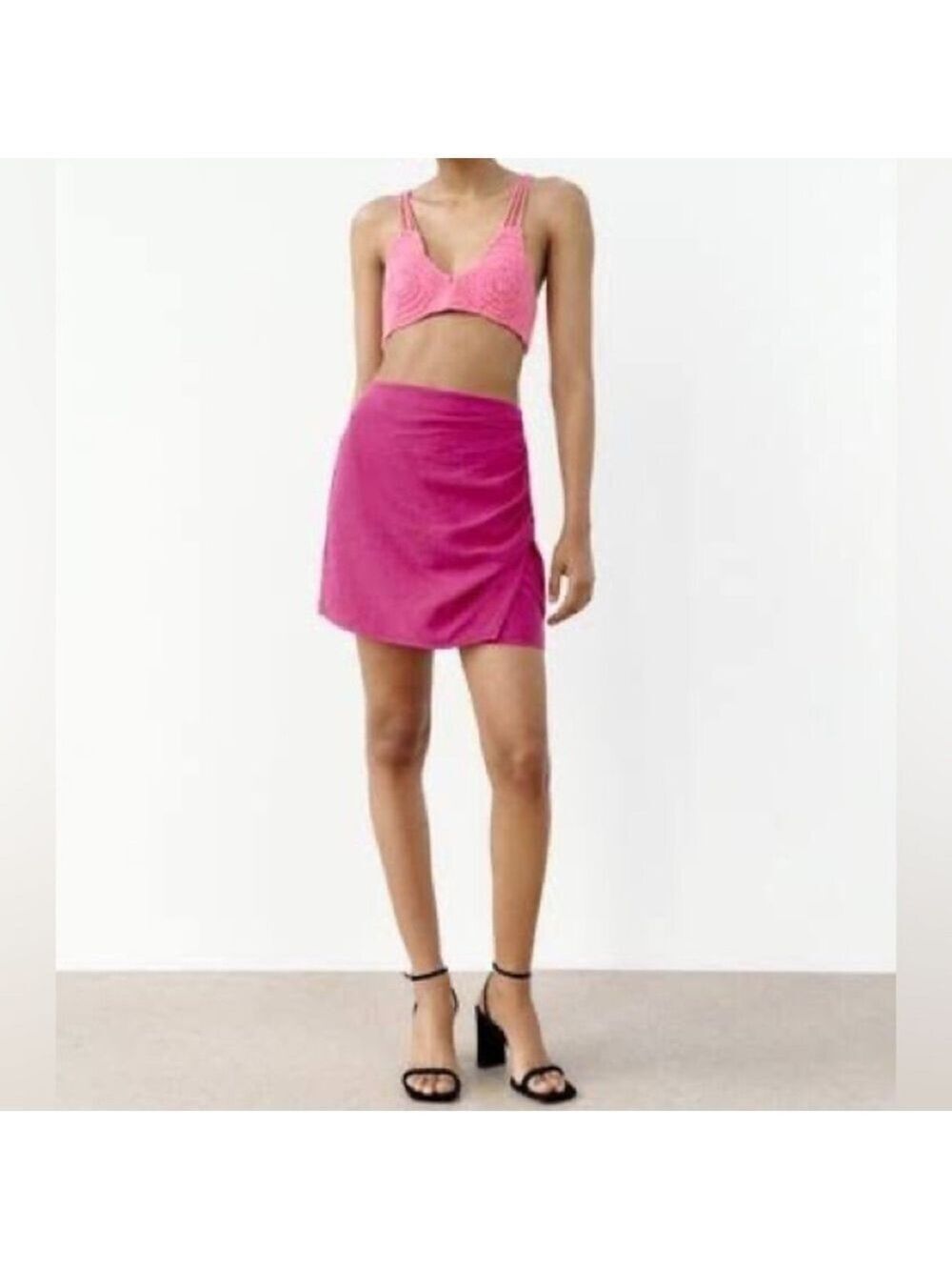 Zara Linen Blend Wrap Style Mini Barbie Pink Fuchsia Skirt